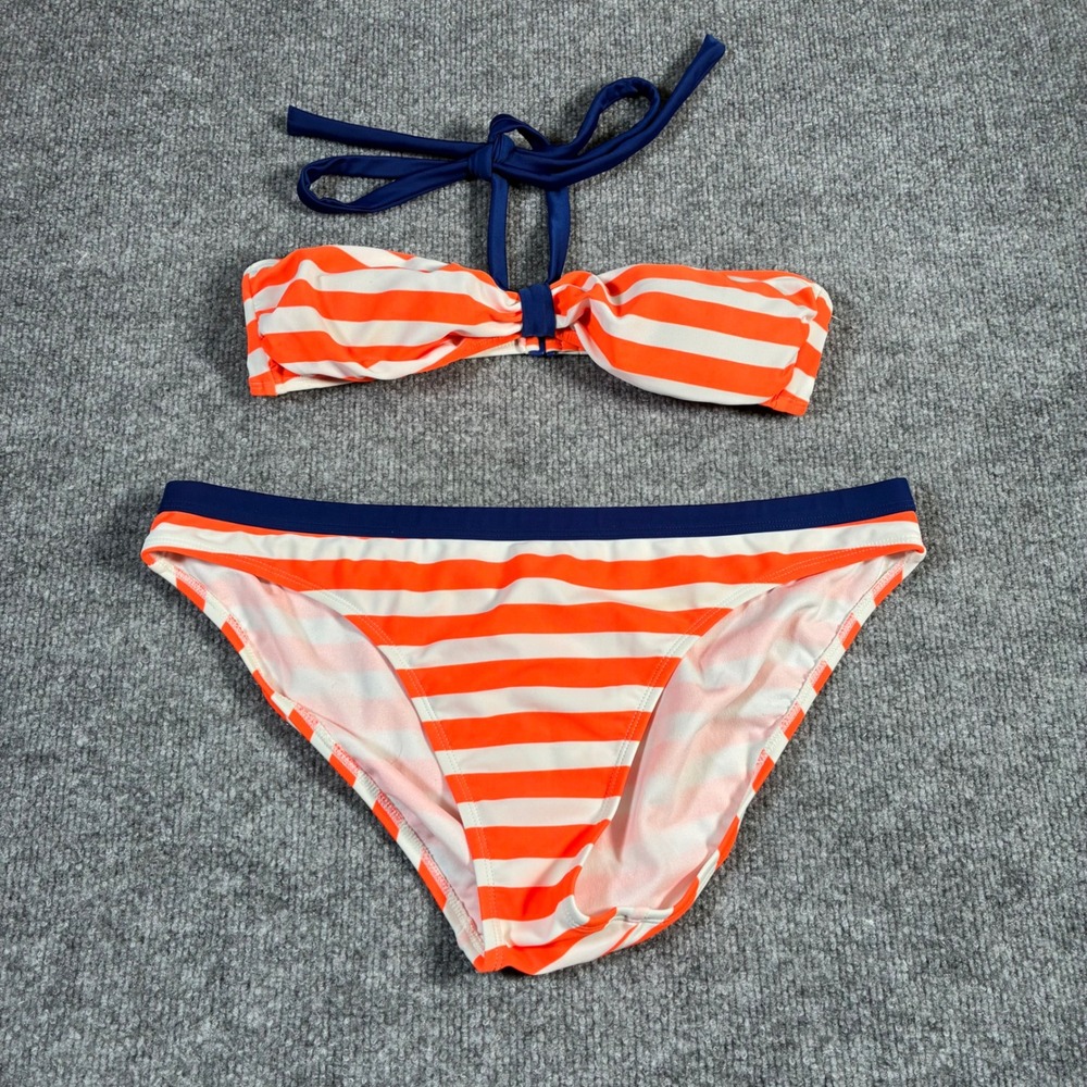 Old Navy Bikini Set Womens S Top/L Bottom Orange White Striped Halter Swim Suit